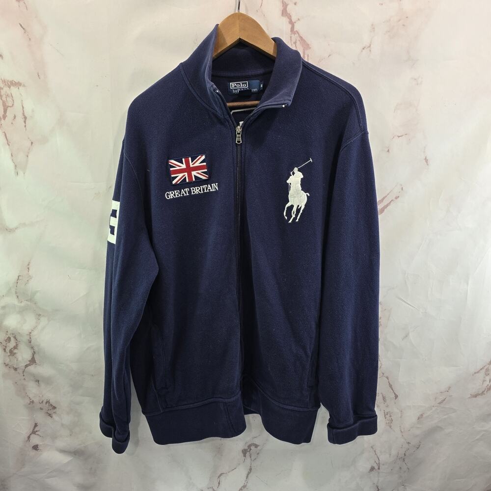 Vintage Polo Ralph Lauren Sweater Mens XL Cardigan Blue Great Britain Big Pony - Picture 1 of 14